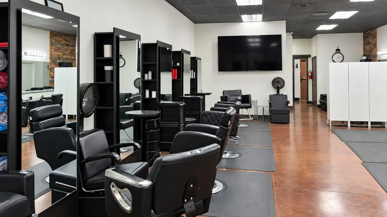 Inside Matthews Barbershop and Salon: barber chairs, mirrors and the color station